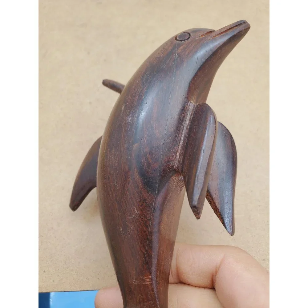 Vintage Hardwood Dolphin Statue Wood Carving, Rustic Nautical Beach Home Decor - Picture 12 of 15